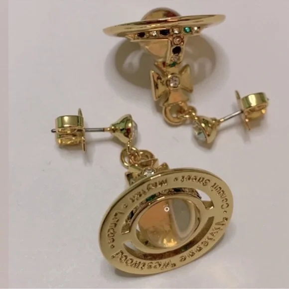 18k gold Plated crystal signature Saturn Orb drop earrings - Picture 7 of 8